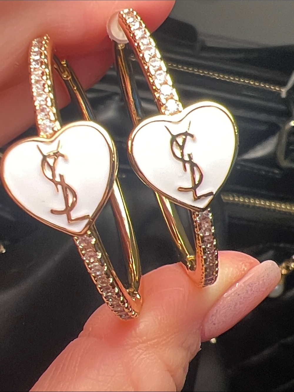 Gold Hoop Earrings with White Heart Charm